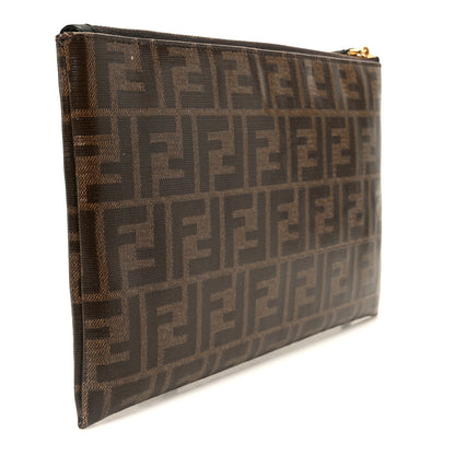 Fendi Glazed Fabric Vitello Century FF 1974 Stamp Patch Large Flat Pouch Mogano Panna Black 2 of 6
