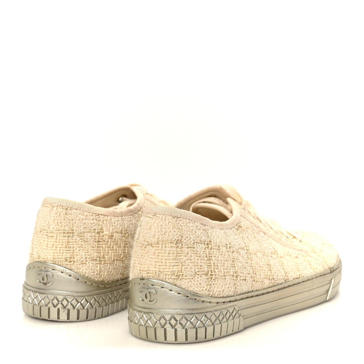 Chanel Tweed Lace Up Sneakers 39 Gold Ecru 4 of 8