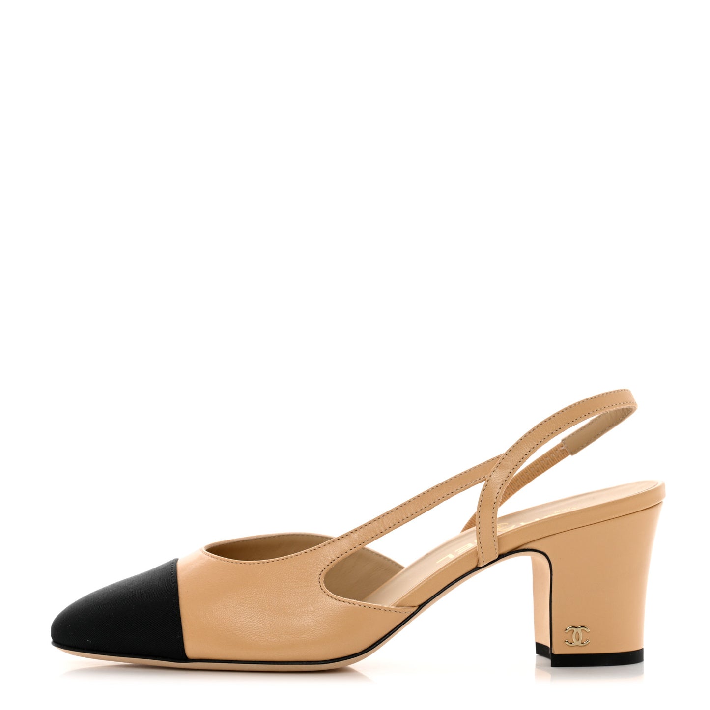 Goatskin Grosgrain Cap Toe CC Slingback Pumps 39 Beige Black