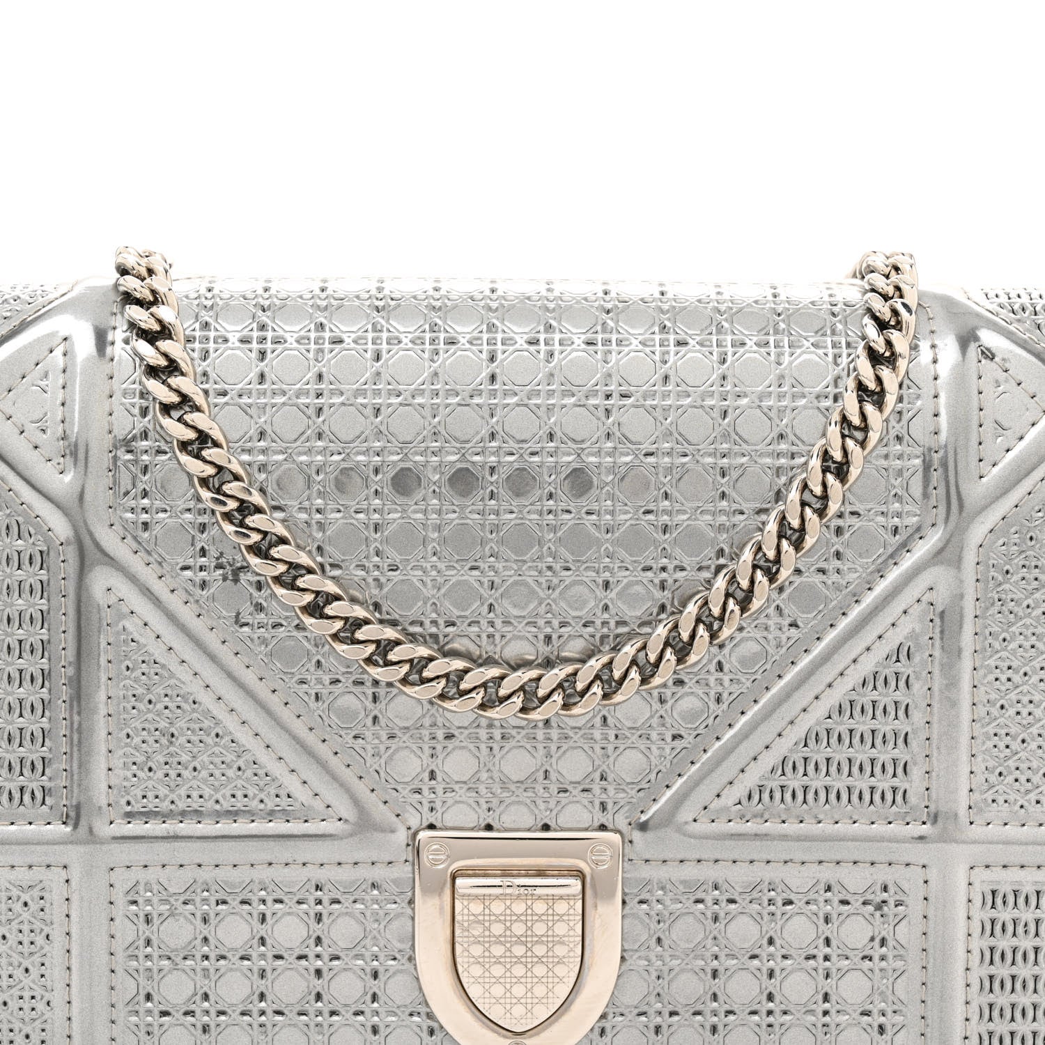 Christian Dior Metallic Patent Micro-Cannage Diorama Wallet on Chain Pouch Silver 8 of 14
