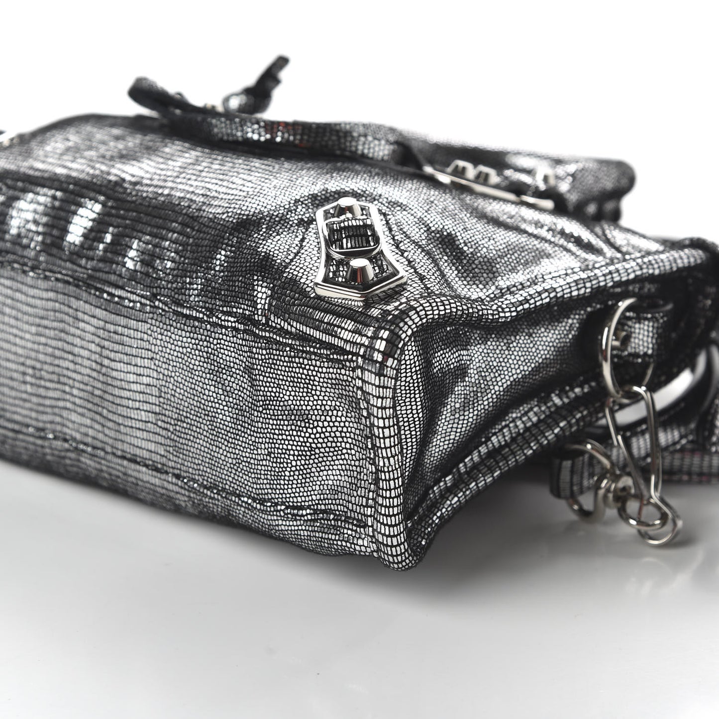 Metallic Calfskin Lizard Embossed Silver Metallic Edge Hardware Nano City Silver
