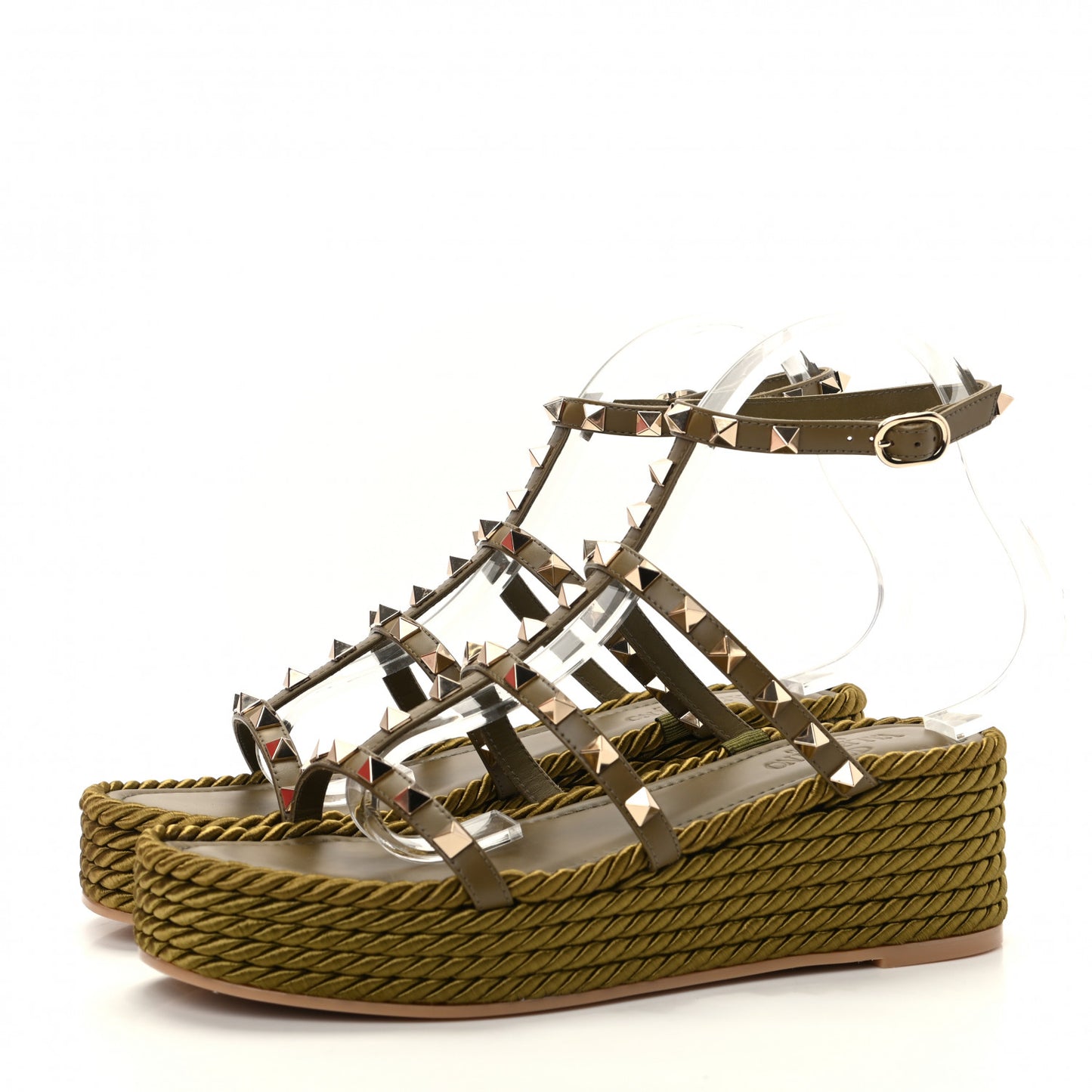 Calfskin Rockstud Ankle Strap Torchon Espadrille Caged 30/55mm Sandals 39 Lichen