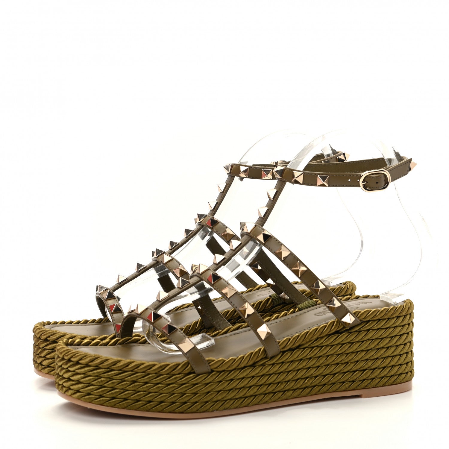 Valentino Garavani Calfskin Rockstud Ankle Strap Torchon Espadrille Caged 30/55mm Sandals 39 Lichen 3 of 11