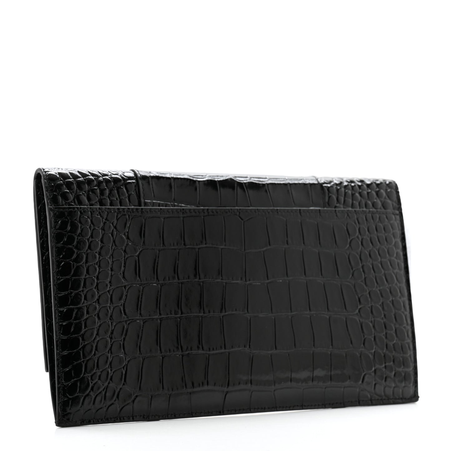 Shiny Calfskin Crocodile Embossed Hourglass Flap Flat Pouch Black