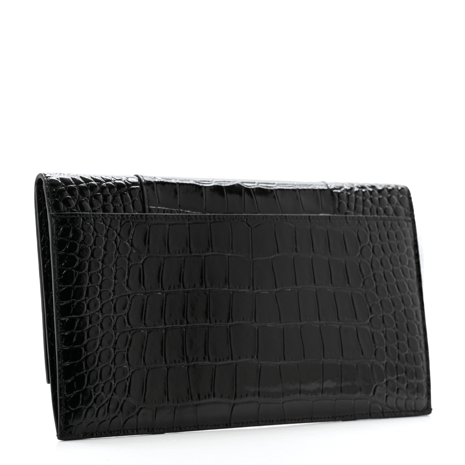 Balenciaga Shiny Calfskin Crocodile Embossed Hourglass Flap Flat Pouch Black 3 of 9