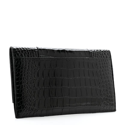Balenciaga Shiny Calfskin Crocodile Embossed Hourglass Flap Flat Pouch Black 3 of 9