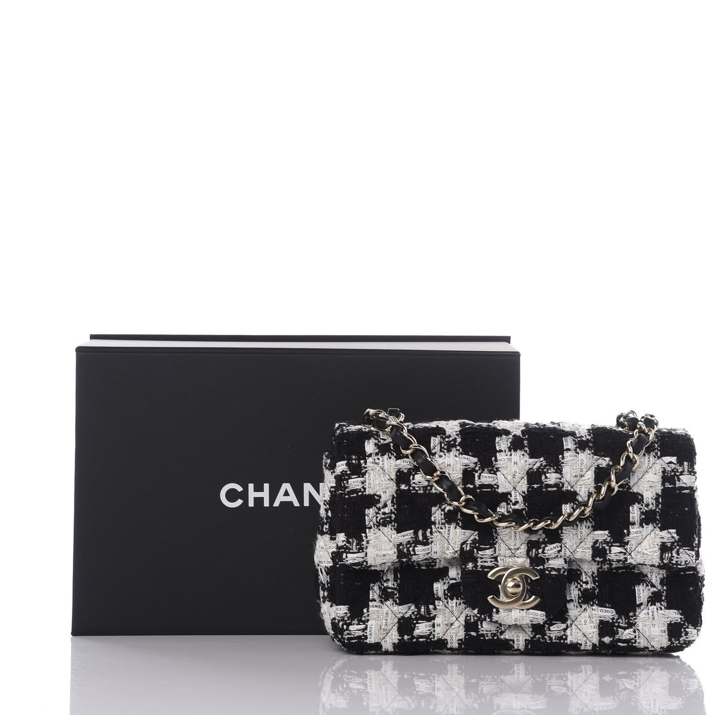 Tweed Quilted Mini Rectangular Flap Black Ecru White