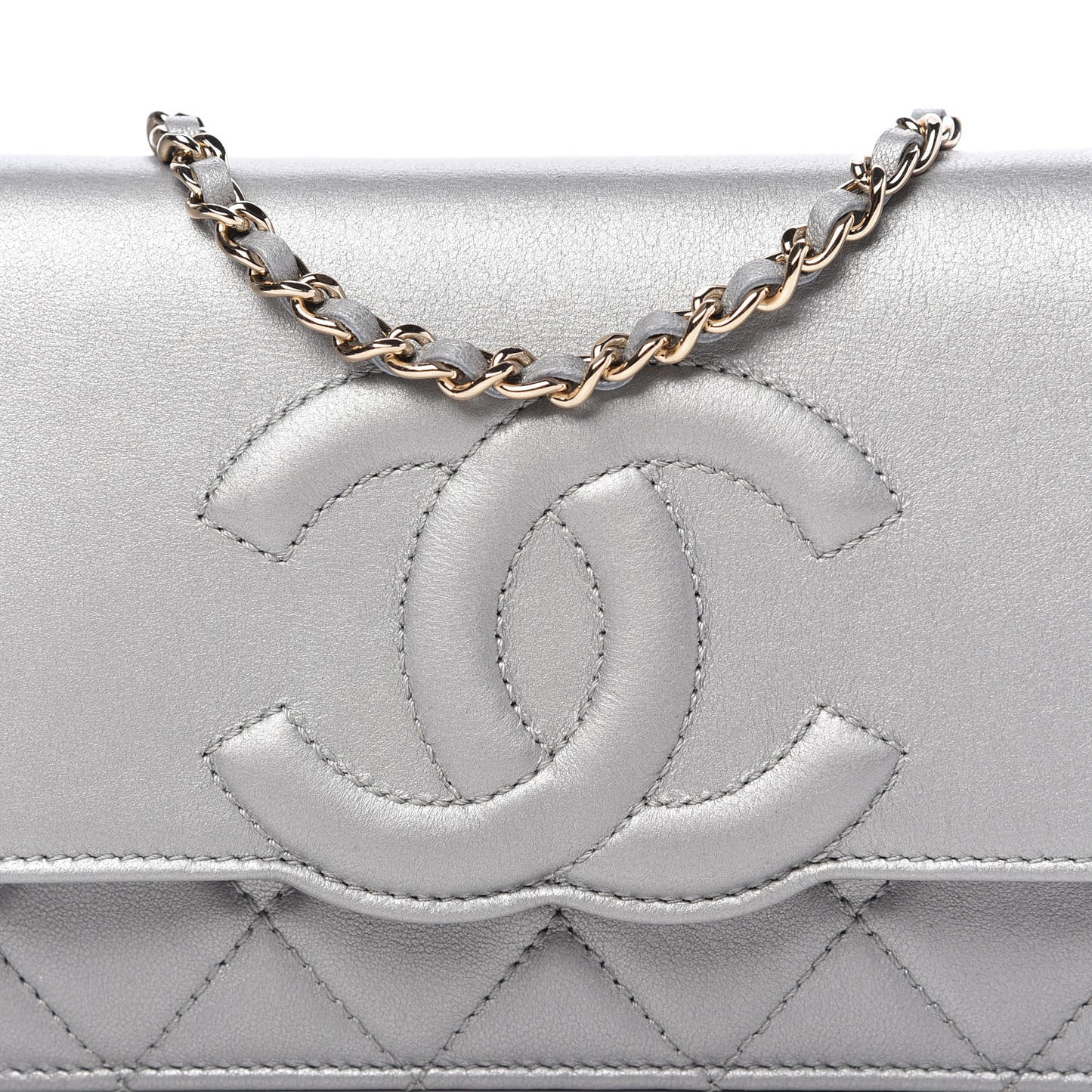 Metallic Goatskin Quilted Timeless CC Wallet On Chain WOC Silver