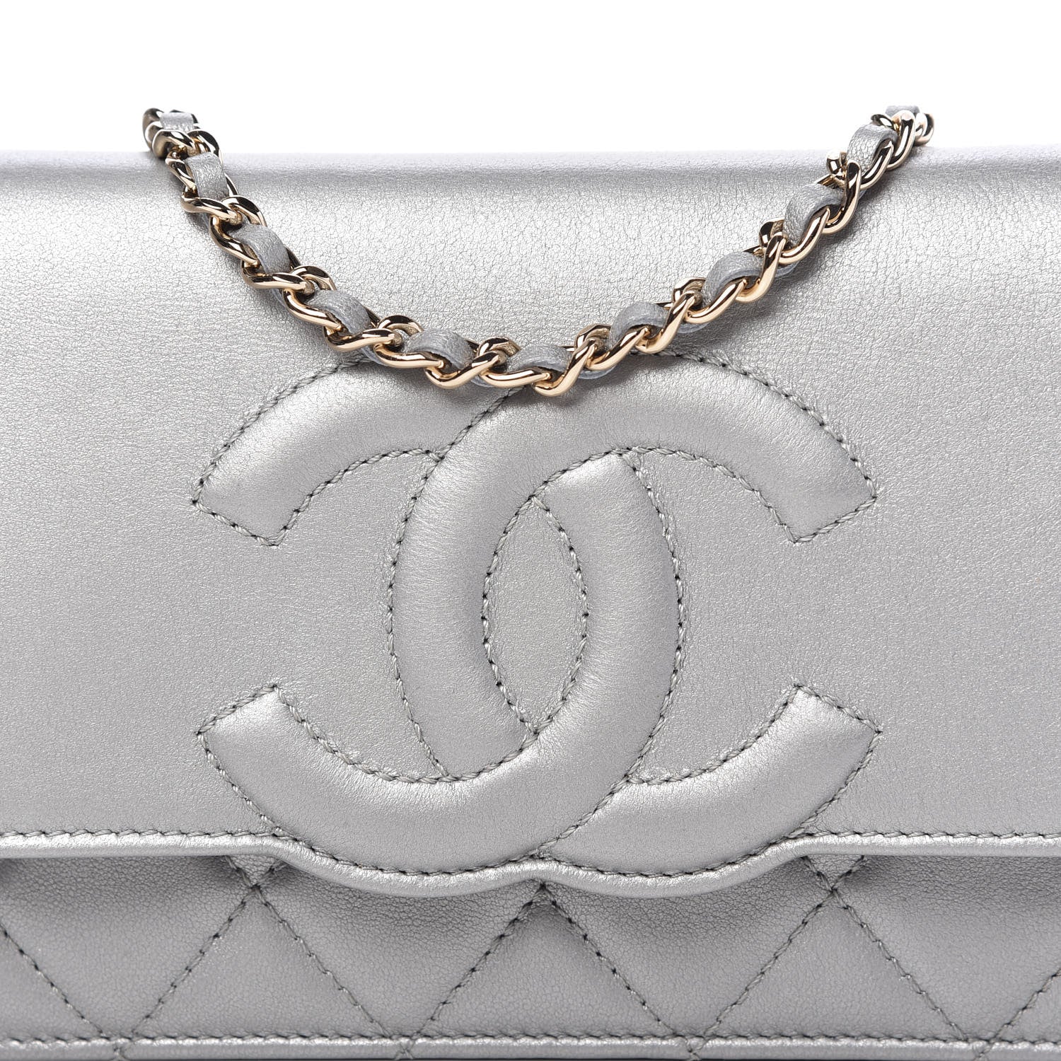 Chanel Metallic Goatskin Quilted Timeless CC Wallet On Chain WOC Silver 11 of 12
