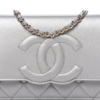 Chanel Metallic Goatskin Quilted Timeless CC Wallet On Chain WOC Silver 11 of 12