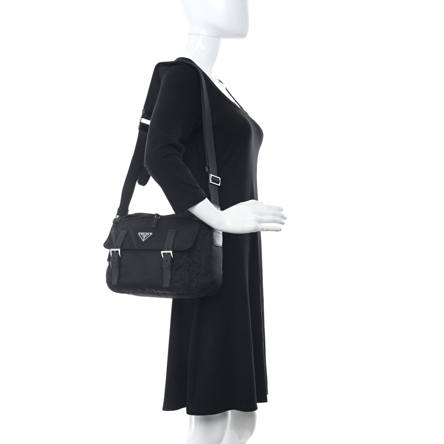 Re-Nylon Vela Saffiano Pocket Double Buckle Messenger Shoulder Bag Black