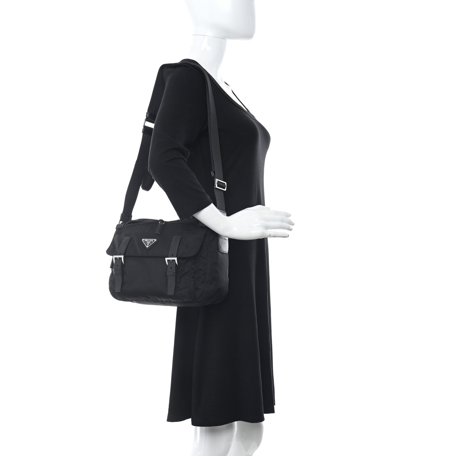 Prada Re-Nylon Vela Saffiano Pocket Double Buckle Messenger Shoulder Bag Black 2 of 13