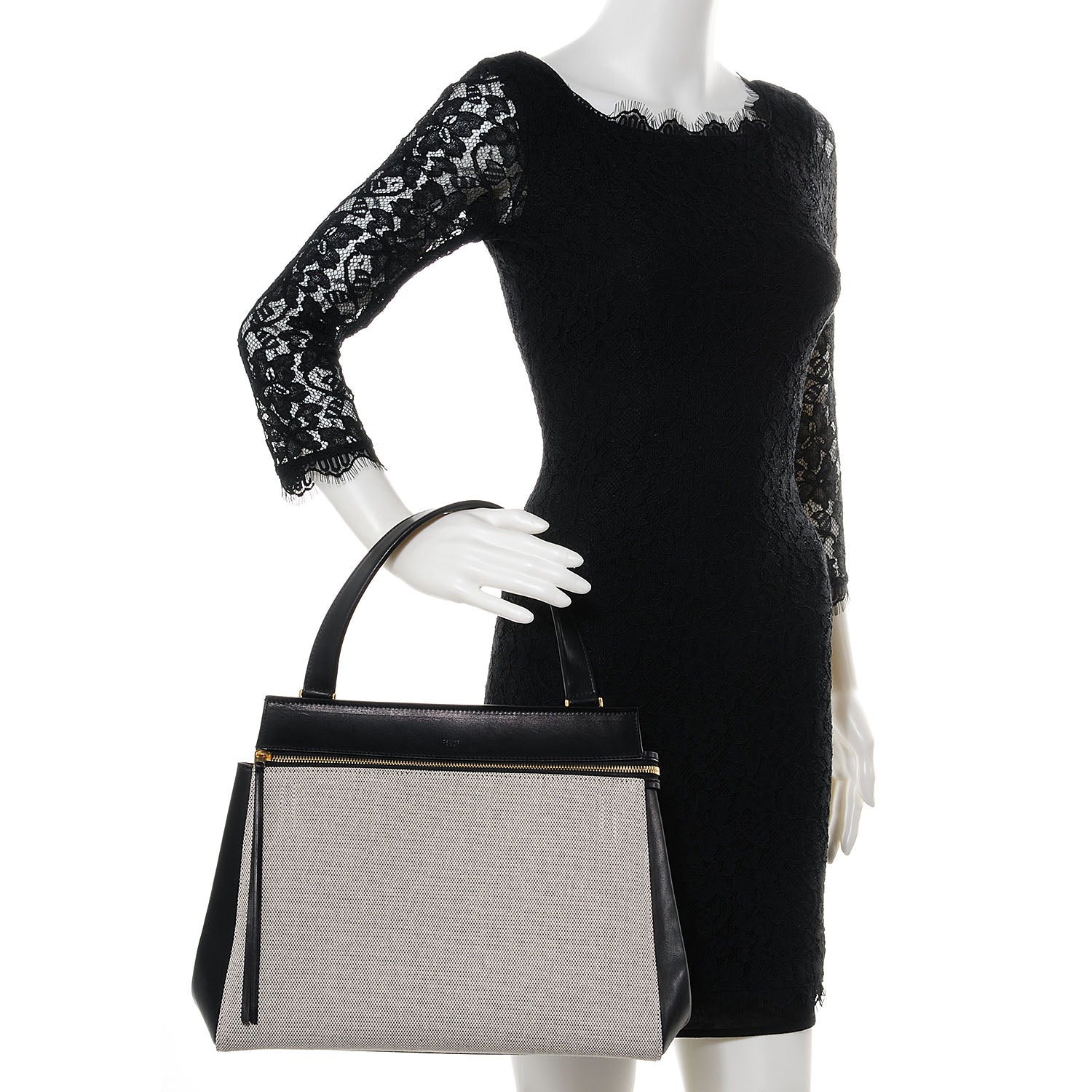 Celine Canvas Leather Medium Bi-Color Edge Shoulder Bag Black Grey 2 of 8