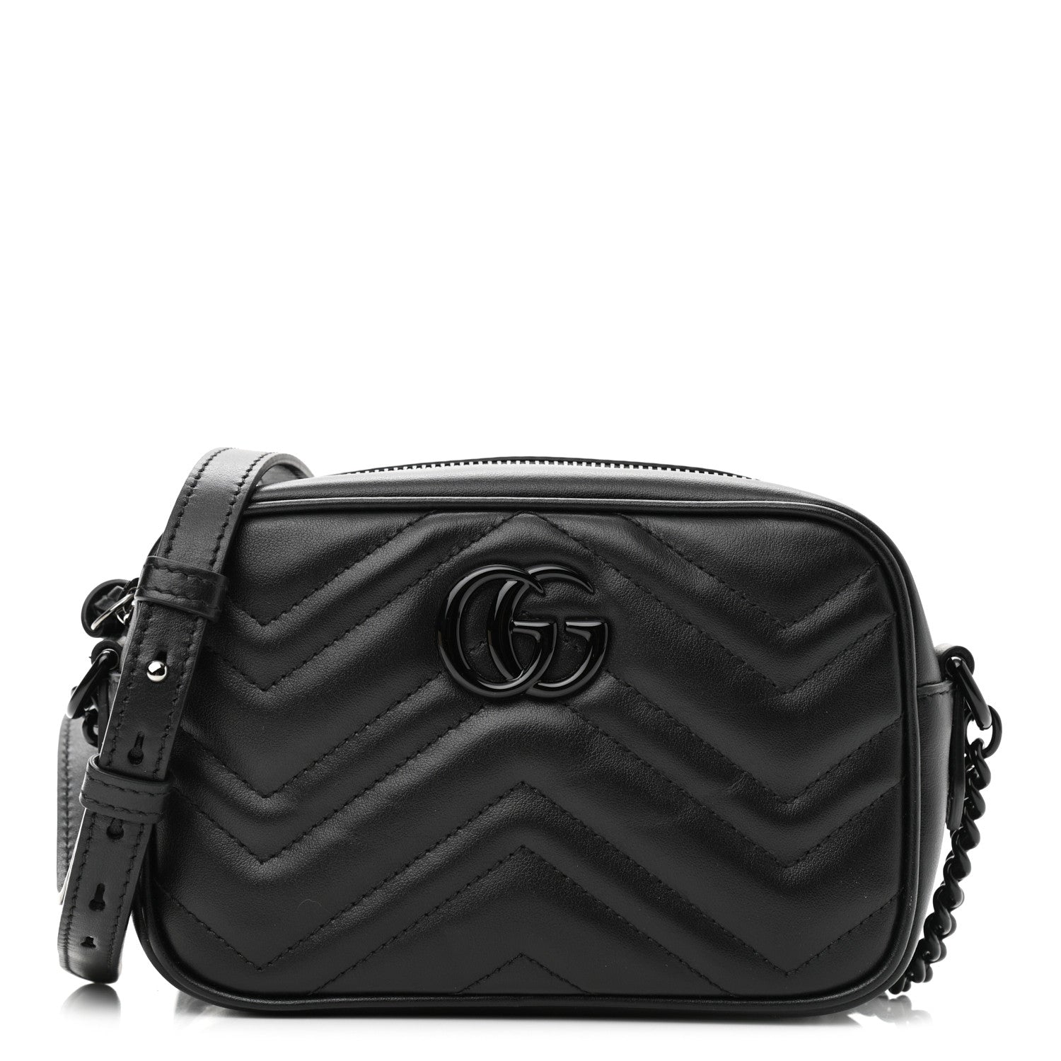 Gucci Calfskin Matelasse Monochrome Mini GG Marmont Chain Shoulder Bag Black 1 of 9