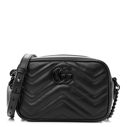 Gucci Calfskin Matelasse Monochrome Mini GG Marmont Chain Shoulder Bag Black 1 of 9