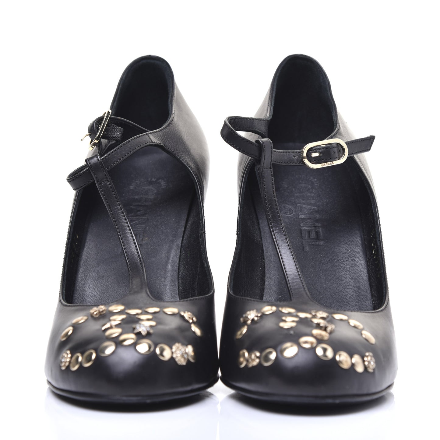 Lambskin Studded CC T-Strap Wedges 38 Black