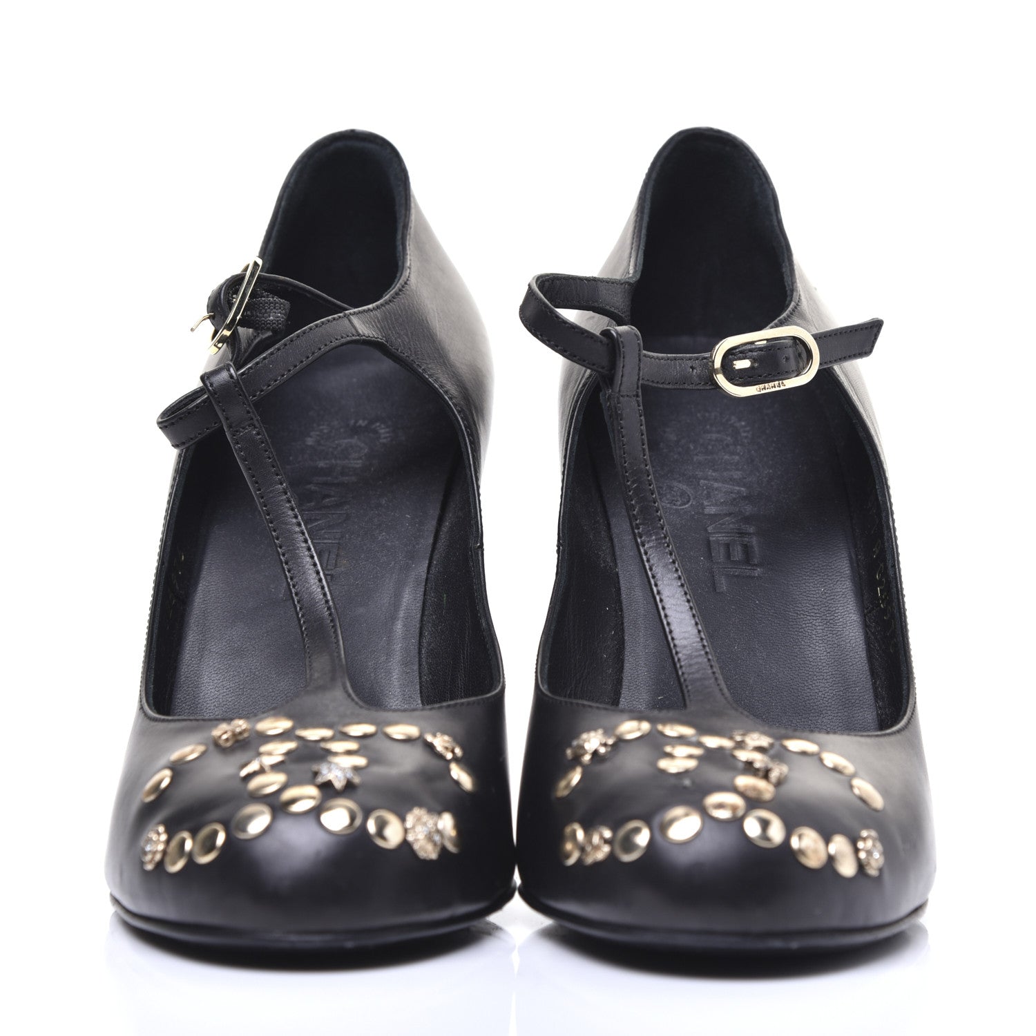 Chanel Lambskin Studded CC T-Strap Wedges 38 Black 2 of 12