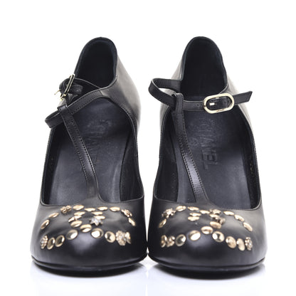 Chanel Lambskin Studded CC T-Strap Wedges 38 Black 2 of 12