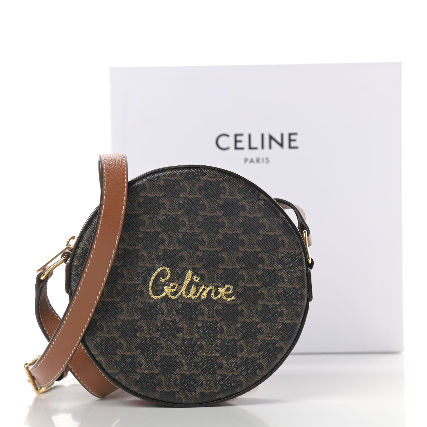 Celine Triomphe Canvas Embroidered Logo Round Purse On Strap Black Tan 10 of 10