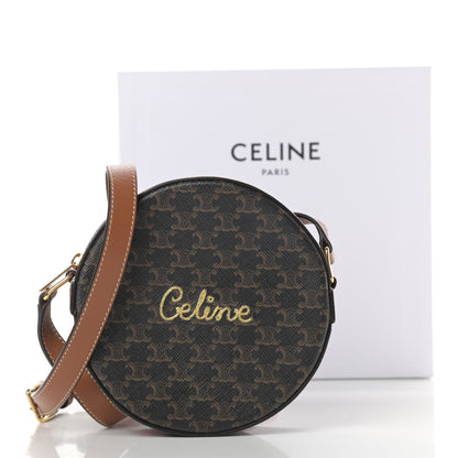 Celine Triomphe Canvas Embroidered Logo Round Purse On Strap Black Tan 10 of 10