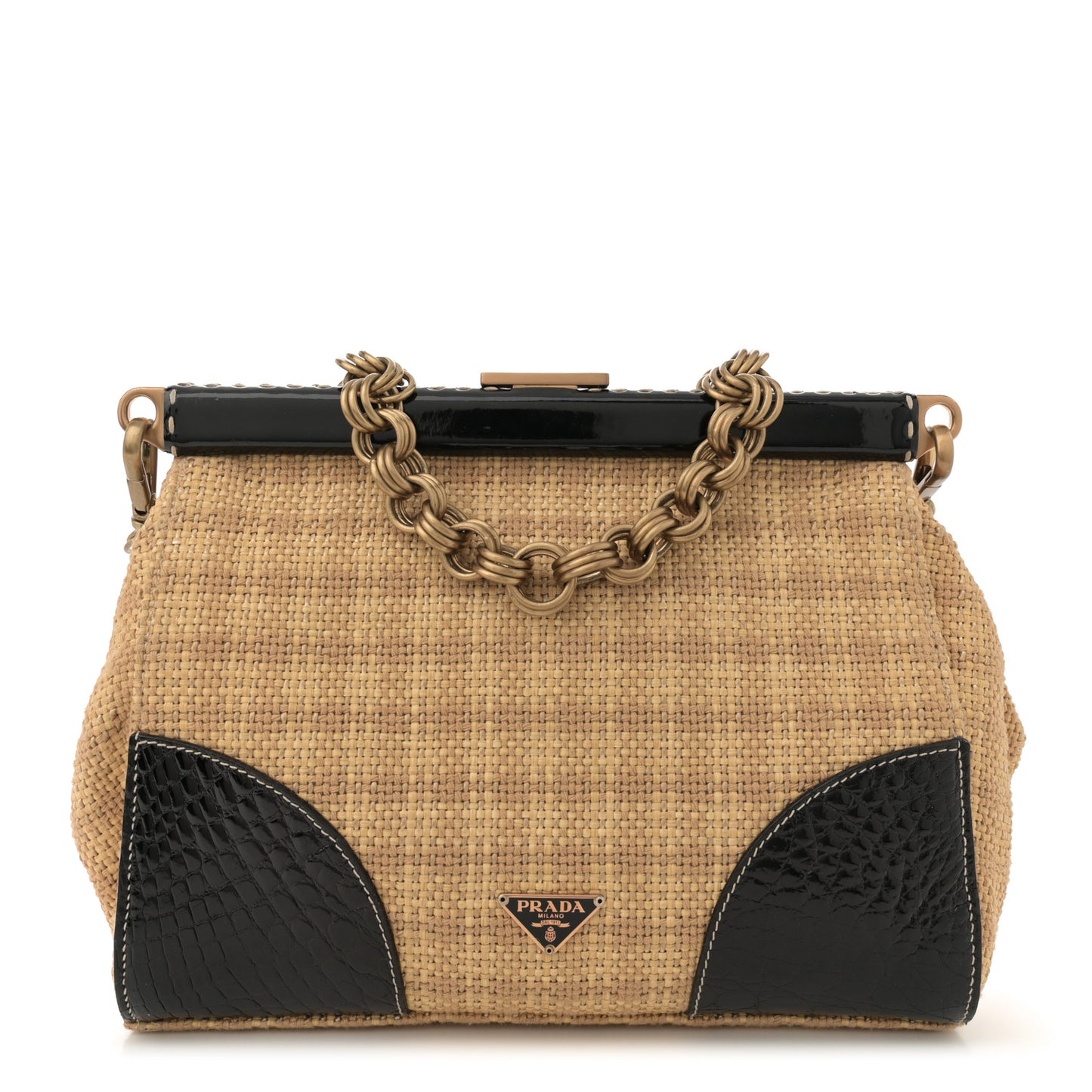 Straw Crocodile Woven Semitracolla Frame Bag Tabacco Black
