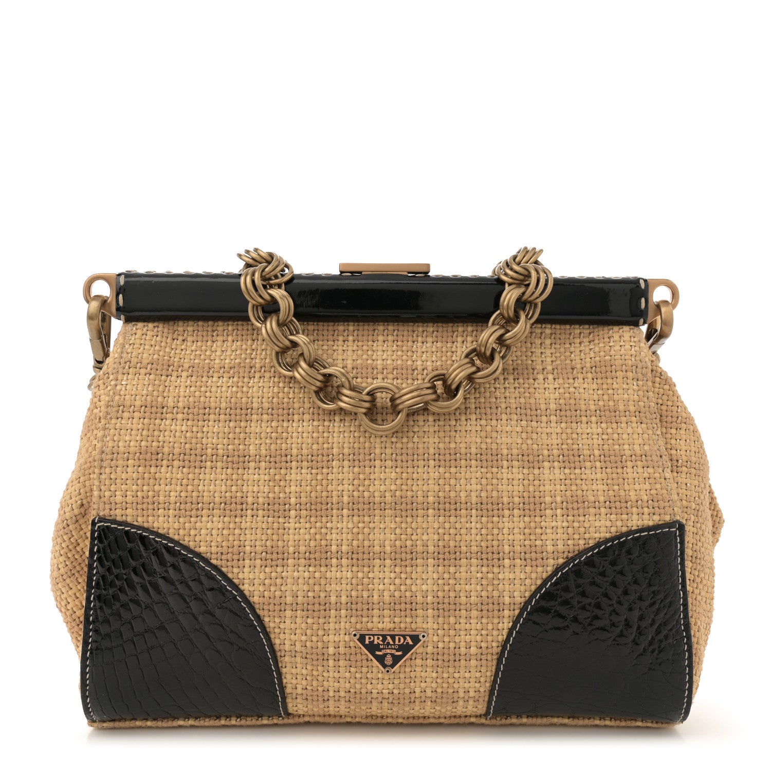 Prada Straw Crocodile Woven Semitracolla Frame Bag Tabacco Black 1 of 12