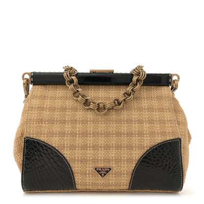 Prada Straw Crocodile Woven Semitracolla Frame Bag Tabacco Black 1 of 12