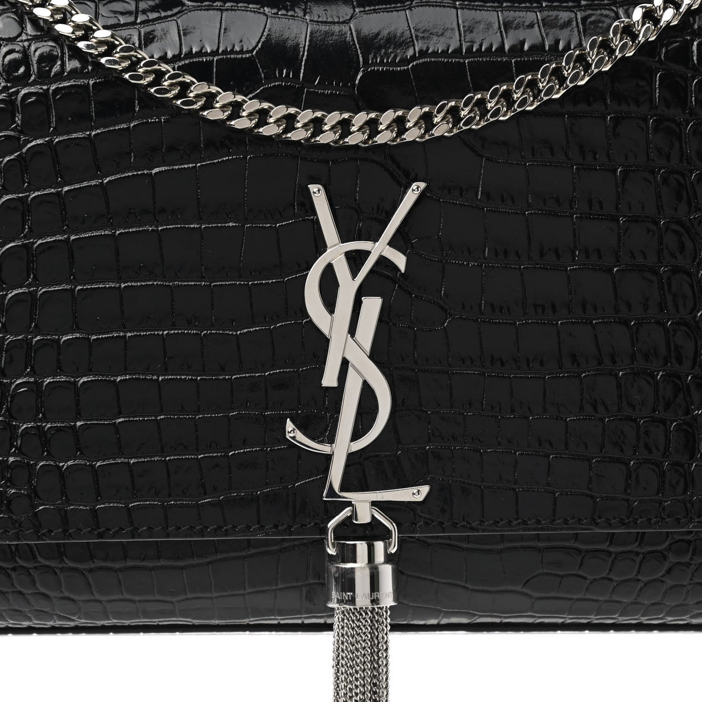 Calfskin Crocodile Embossed Medium Classic Monogram Kate Tassel Satchel Black