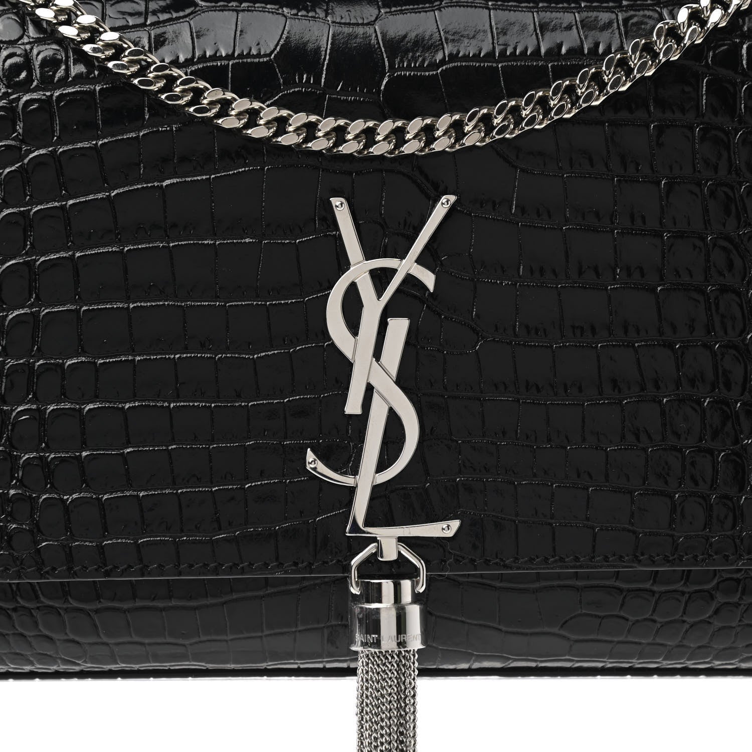 Saint Laurent Calfskin Crocodile Embossed Medium Classic Monogram Kate Tassel Satchel Black 9 of 11