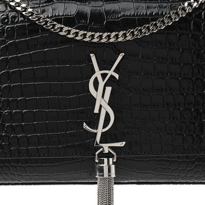 Saint Laurent Calfskin Crocodile Embossed Medium Classic Monogram Kate Tassel Satchel Black 9 of 11