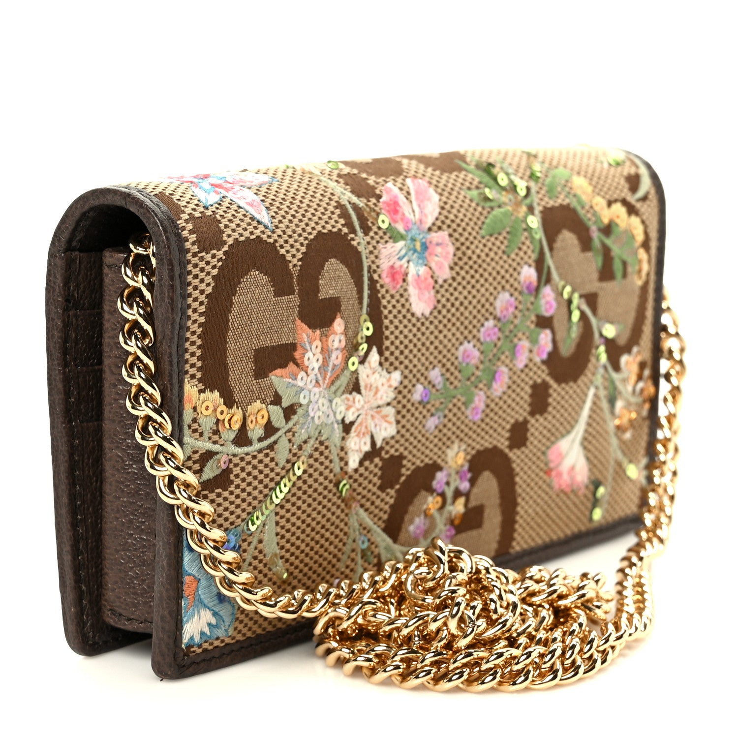 Gucci Monogram Jumbo GG Textured Dollar Calfskin Embroidered Horsebit 1955 Wallet On Chain Camel Ebony New Acero Multicolor 3 of 10