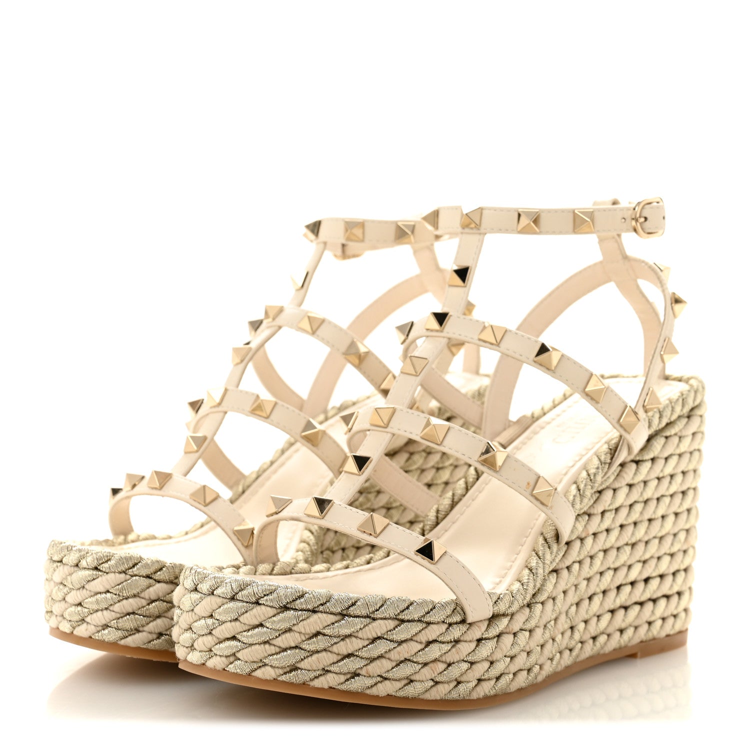 Valentino Garavani Calfskin Rockstud Ankle Strap Torchon Espadrille Caged 25/95mm Wedge Sandals 36 Light Ivory 4 of 12