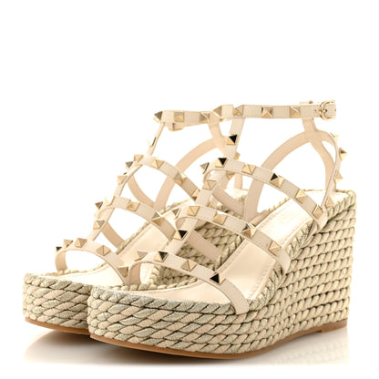 Valentino Garavani Calfskin Rockstud Ankle Strap Torchon Espadrille Caged 25/95mm Wedge Sandals 36 Light Ivory 4 of 12