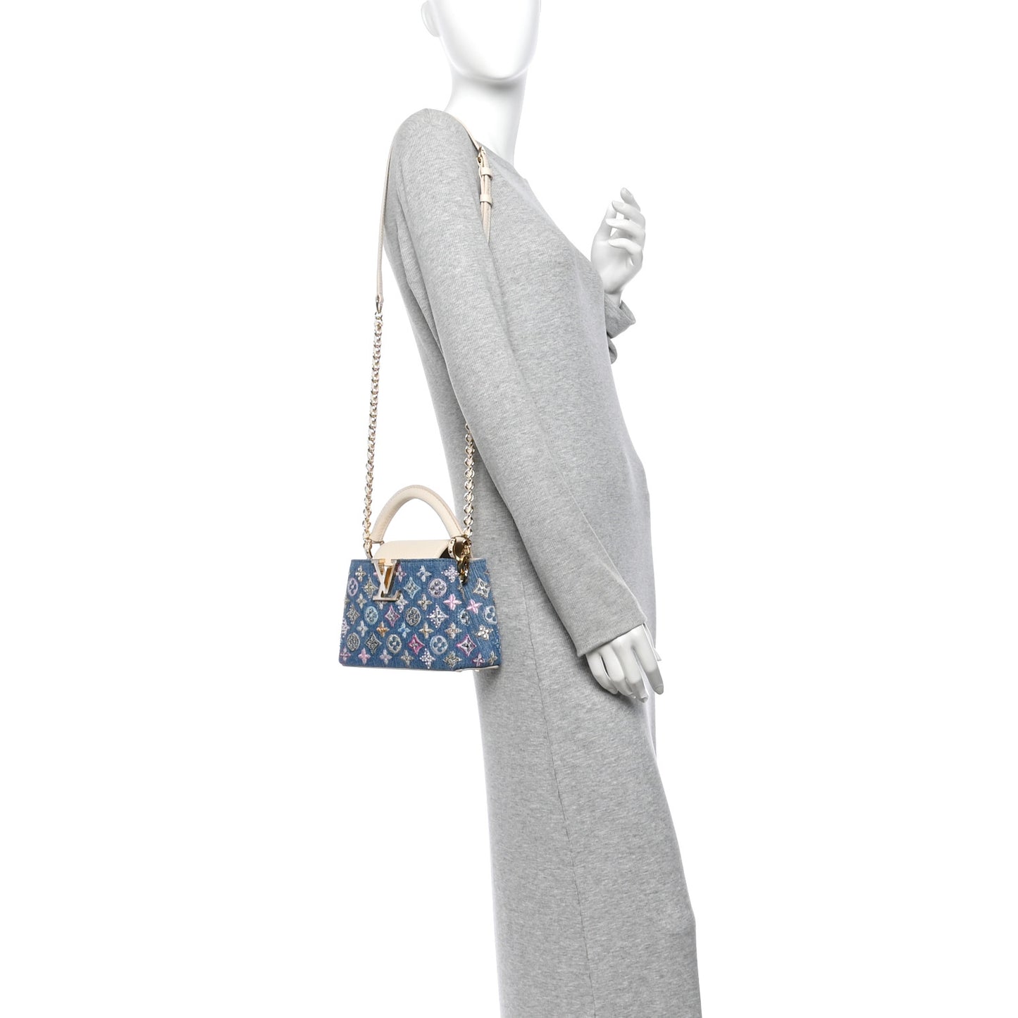 Denim Lurex Beaded Calfskin Capucines Mini Blue Cream