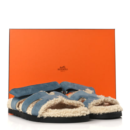 Hermes Suede Goatskin Woolskin Womens Chypre Sandals 38.5 Bleu Pinede Ecru 8 of 8