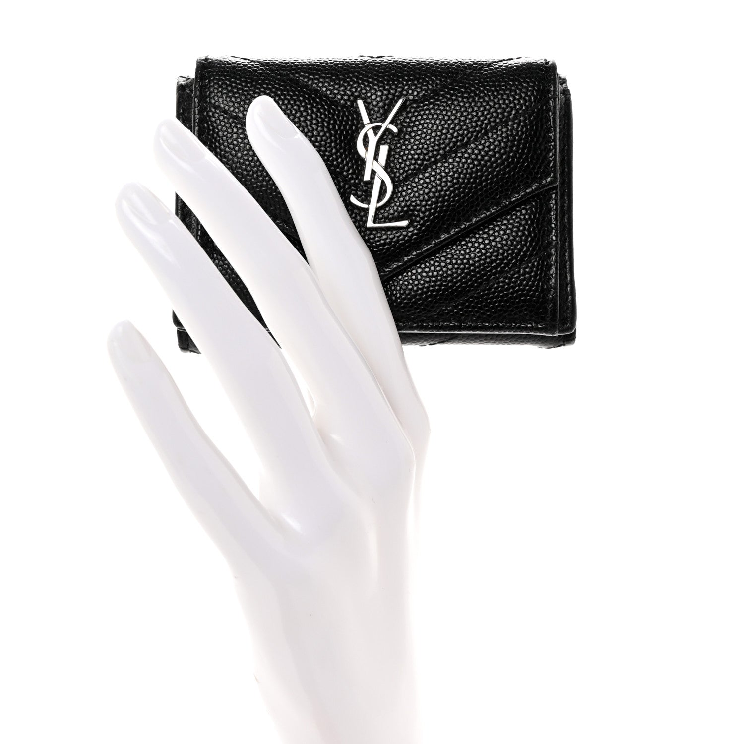 Saint Laurent Grain De Poudre Matelasse Chevron Monogram Compact Tri Fold Pocket Wallet Black 2 of 9