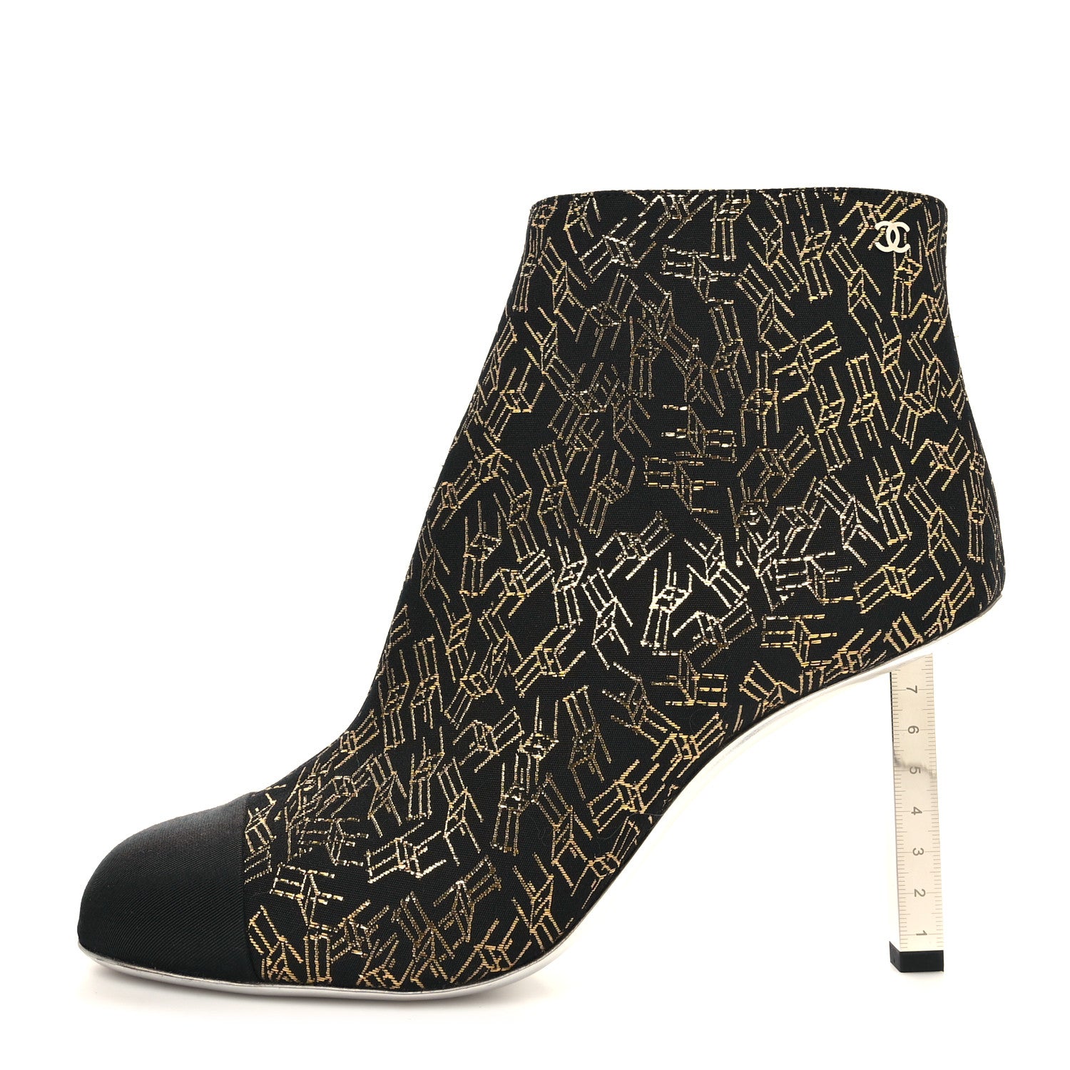 Chanel Tweed Grosgrain Printed Cap Toe Ankle Boots 40 Black Gold 1 of 10