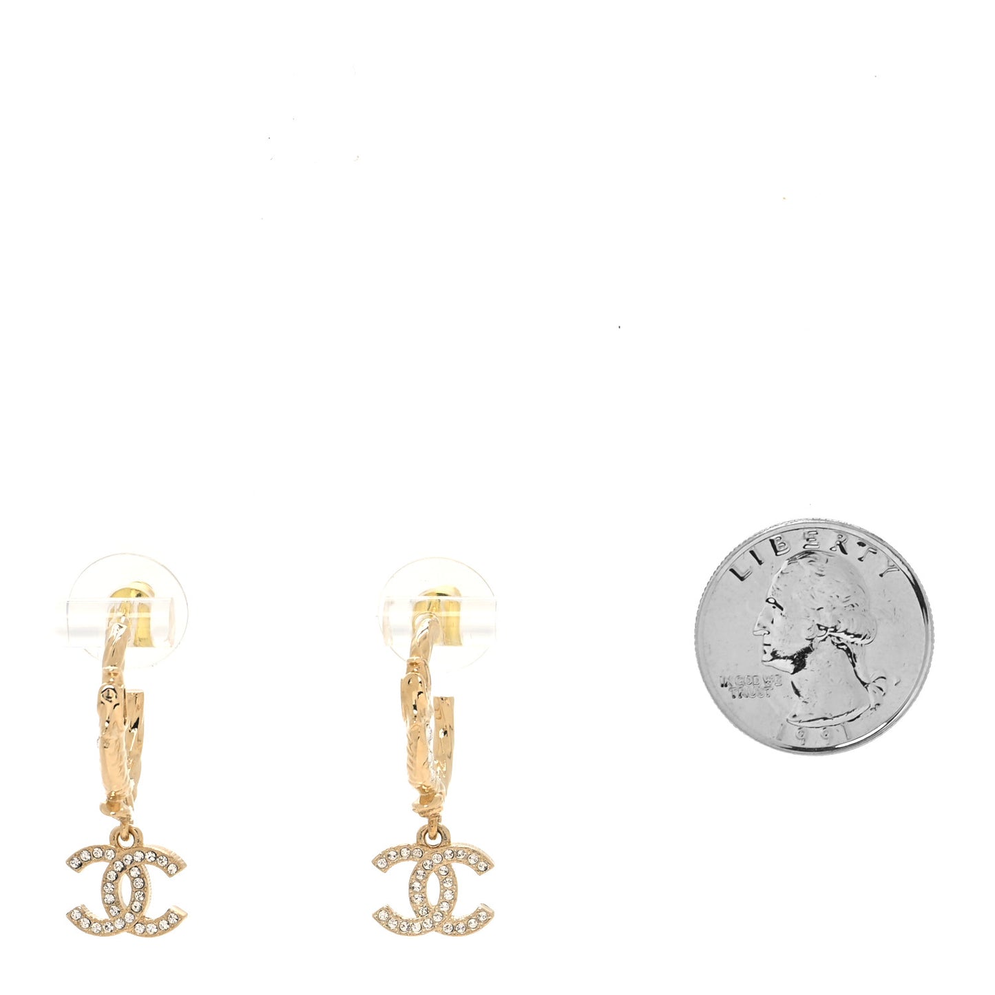Metal Crystal Studded CC Hoop Drop Earrings Gold
