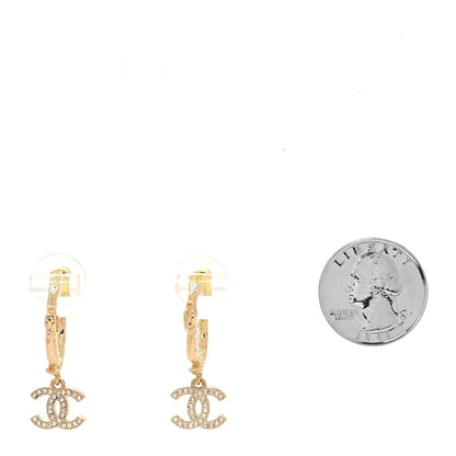 Chanel Metal Crystal Studded CC Hoop Drop Earrings Gold 2 of 4