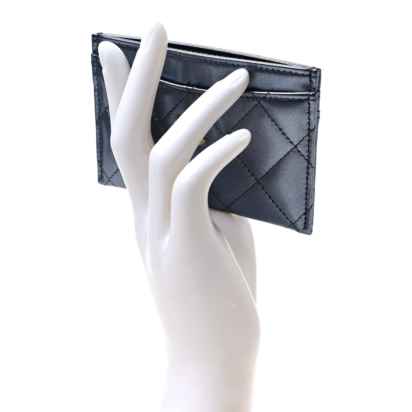 Metallic Lambskin Quilted Card Holder Dark Blue