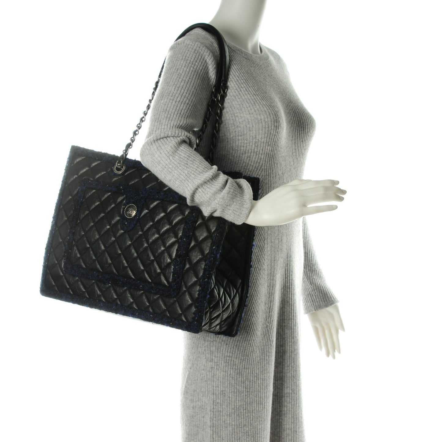 Calfskin Tweed Large Secrets Tote Navy