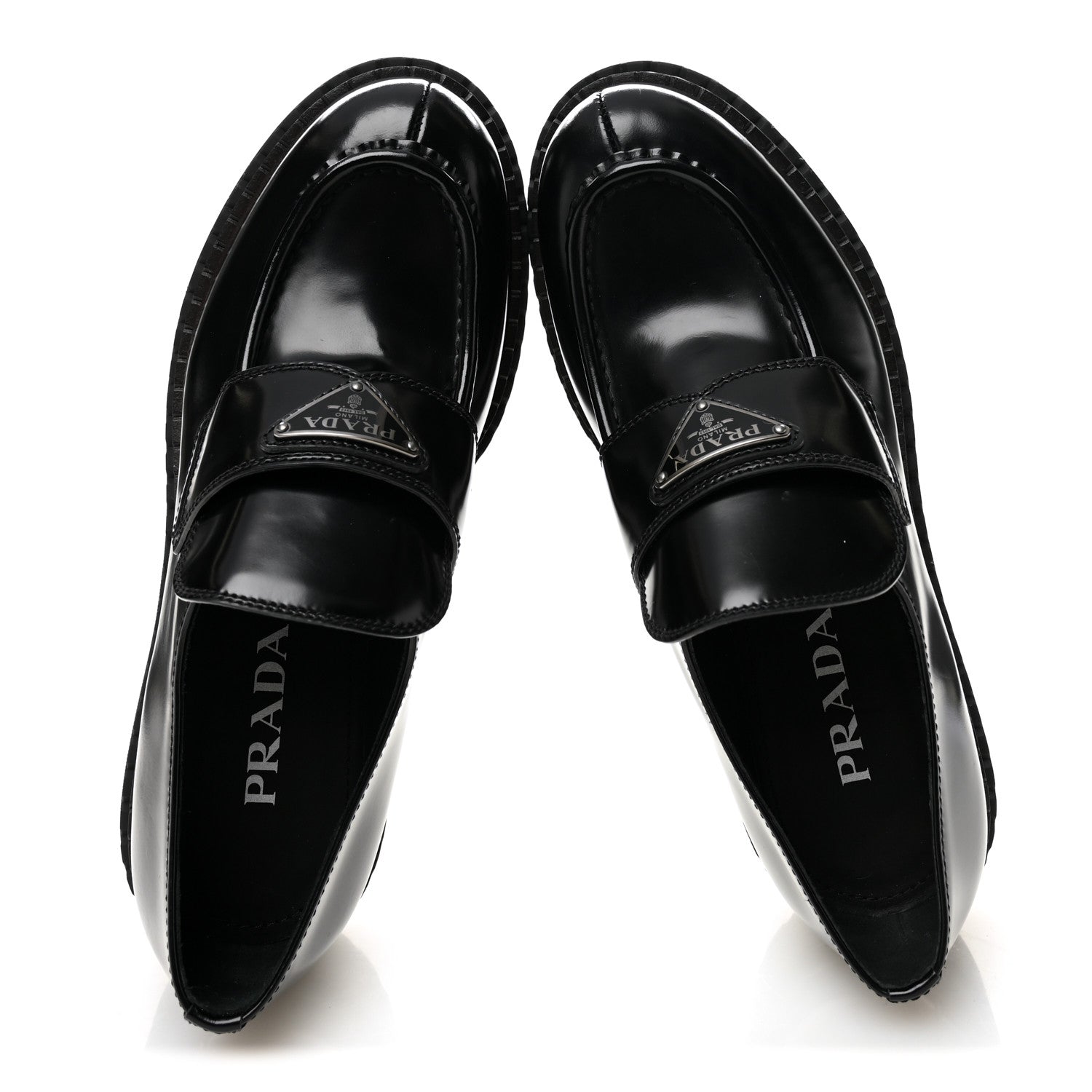 Prada Metal Triangle Logo Double Chocolate Loafers 38.5 Black 5 of 9