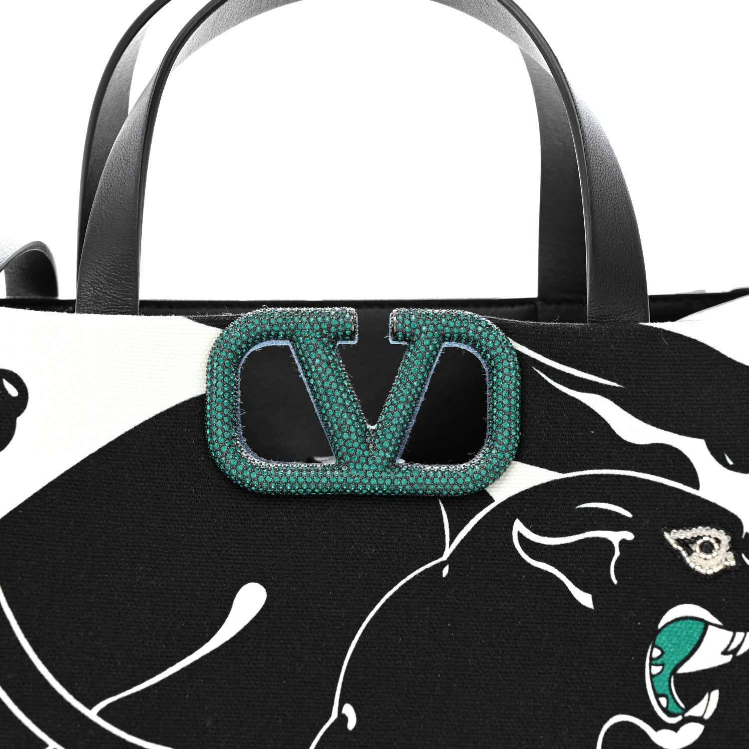Valentino Garavani Canvas Panther Calfskin Crystal Small Vlogo Signature Tote Black White 7 of 12