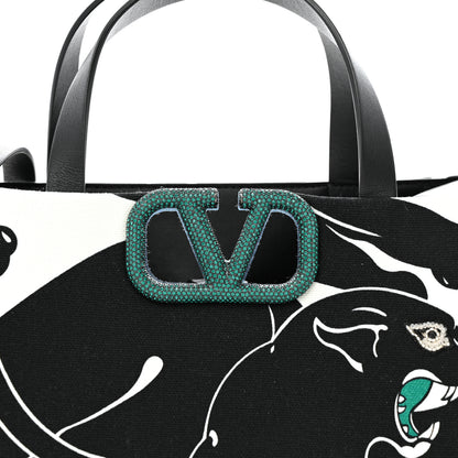 Valentino Garavani Canvas Panther Calfskin Crystal Small Vlogo Signature Tote Black White 7 of 12
