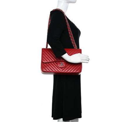 Chanel Caviar Chevron Quilted Jumbo Double Flap Dark Red 2 of 15