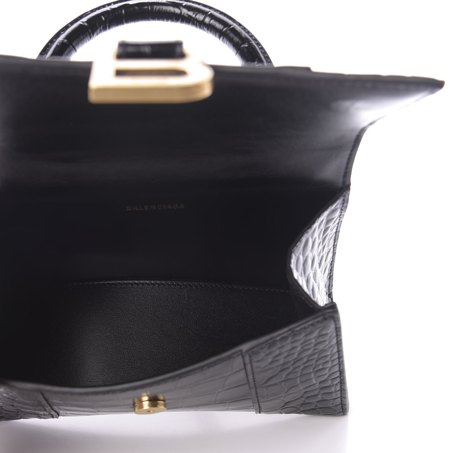 Balenciaga Shiny Calfskin Crocodile Embossed Hourglass Top Handle Bag XS Black 5 of 8