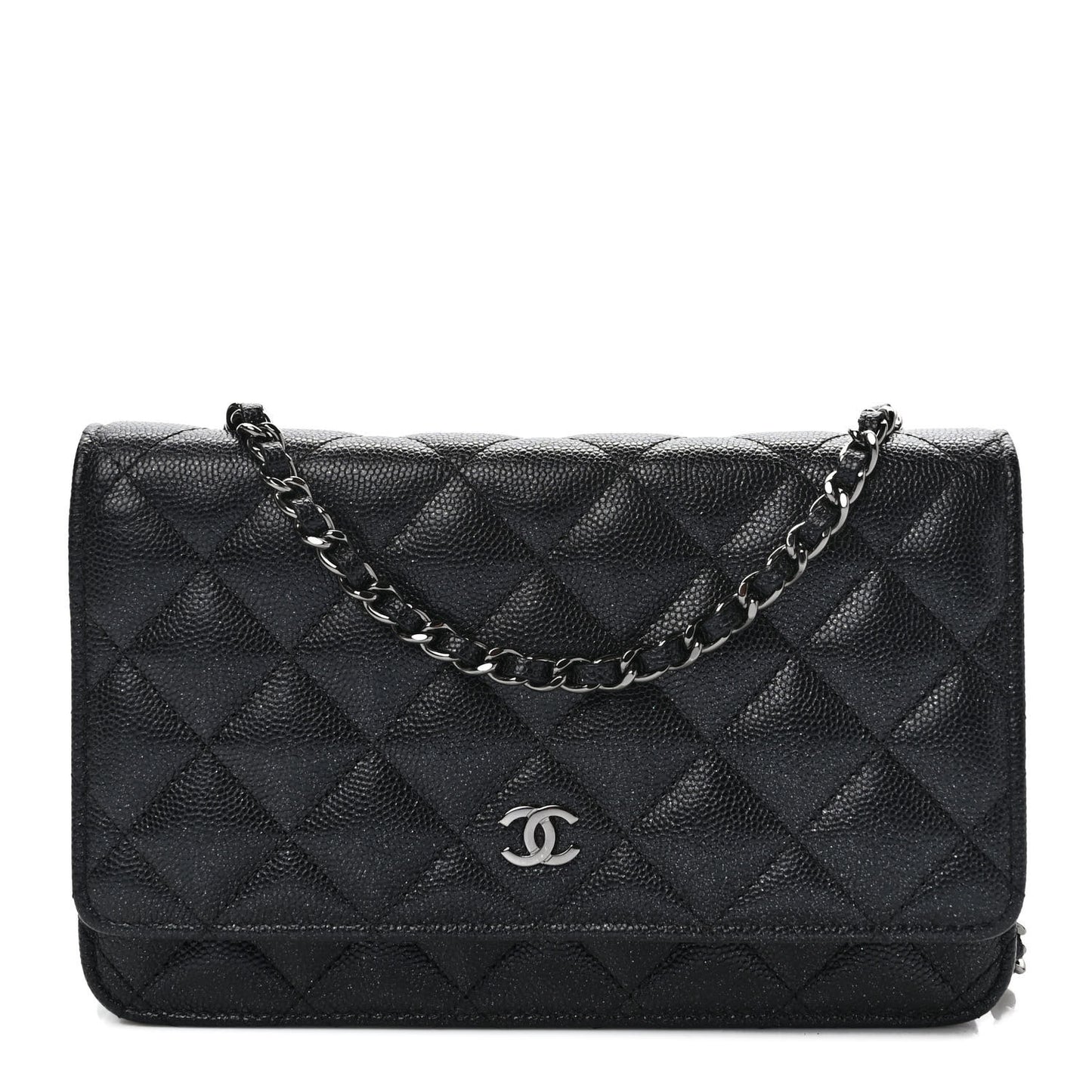 Iridescent Caviar Quilted Wallet on Chain WOC Black