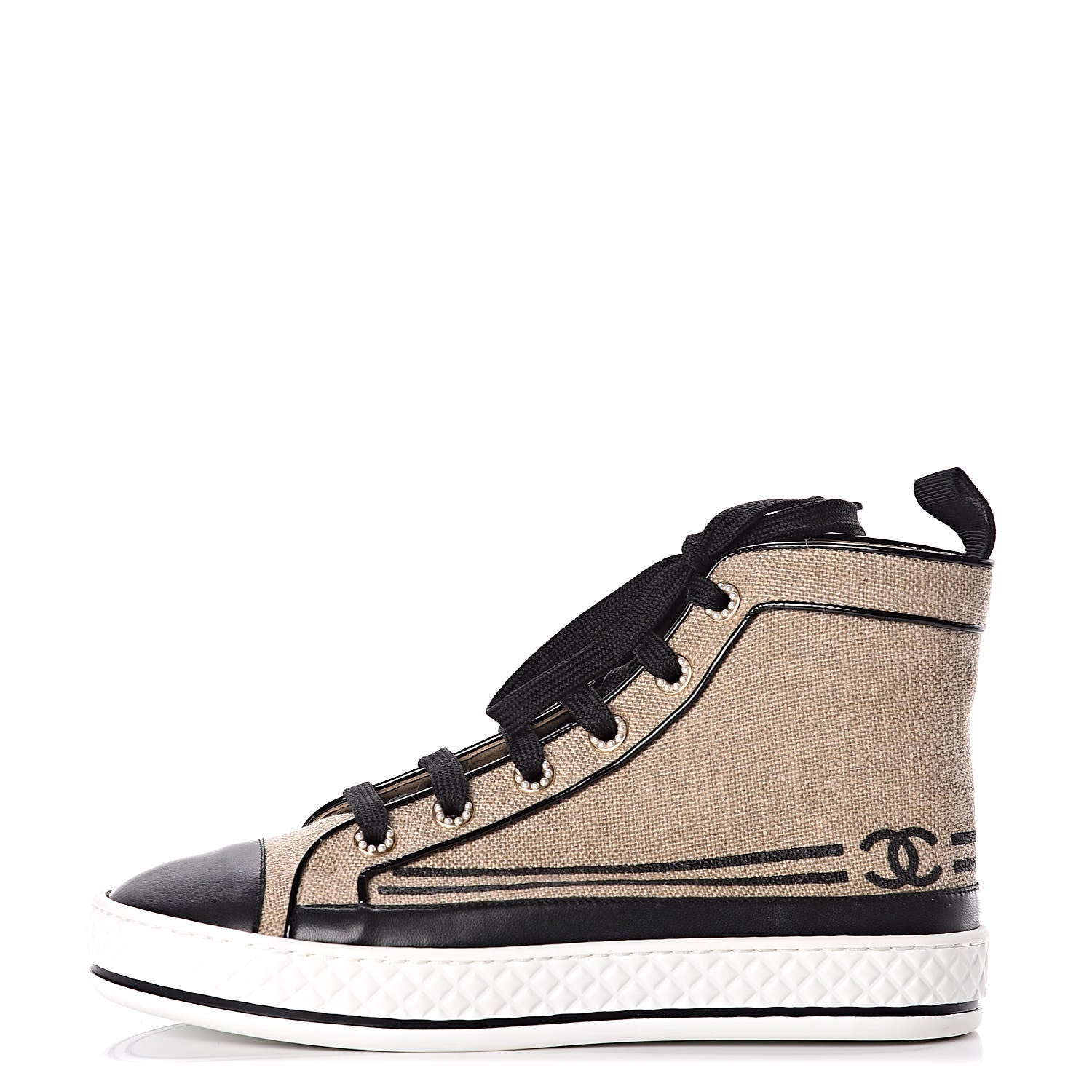 Chanel Fabric Lambskin Lace Up Cap Toe Sneakers 37 White Black 1 of 11