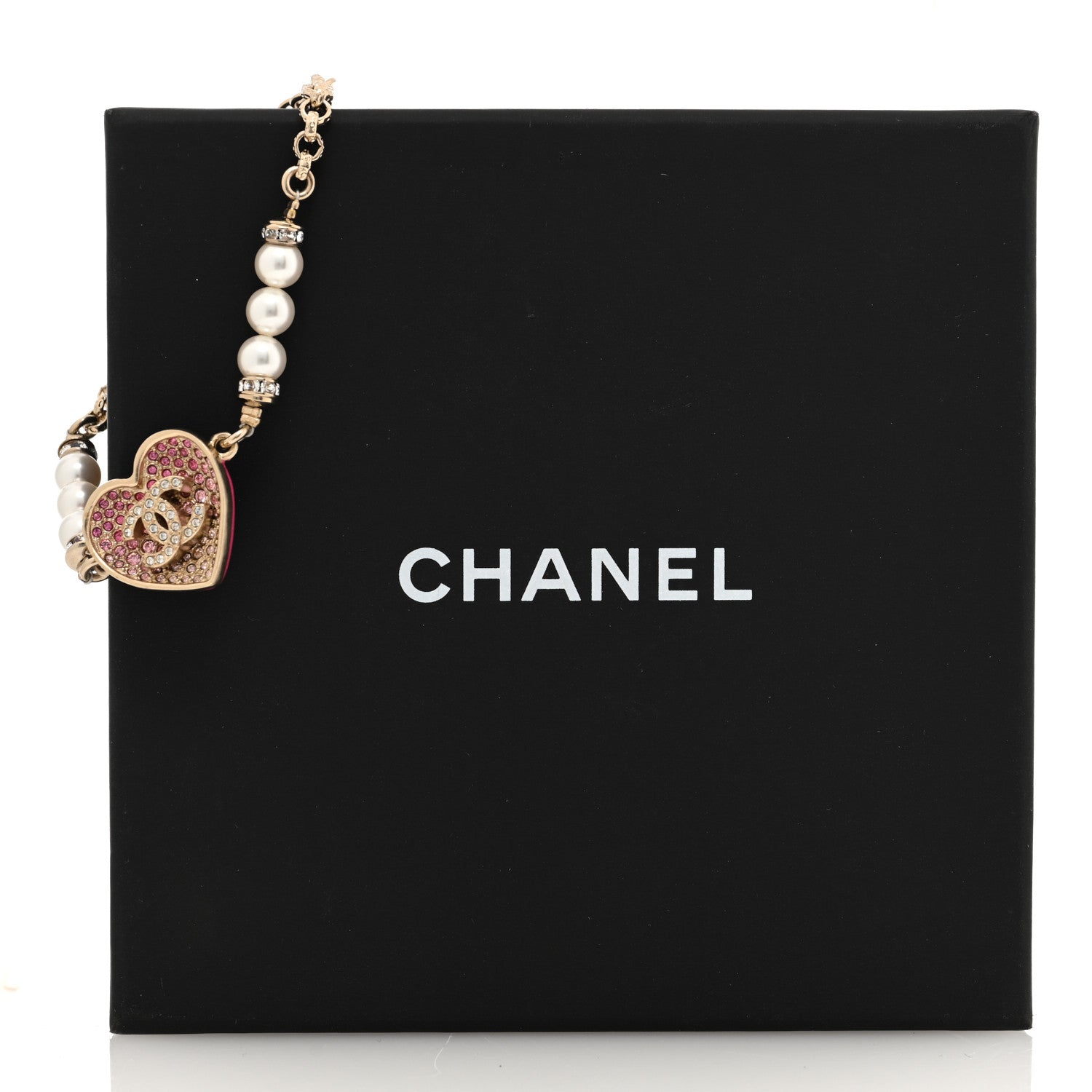 Chanel Resin Crystal Pearl Chain Heart CC Bracelet Pink White Gold 6 of 6