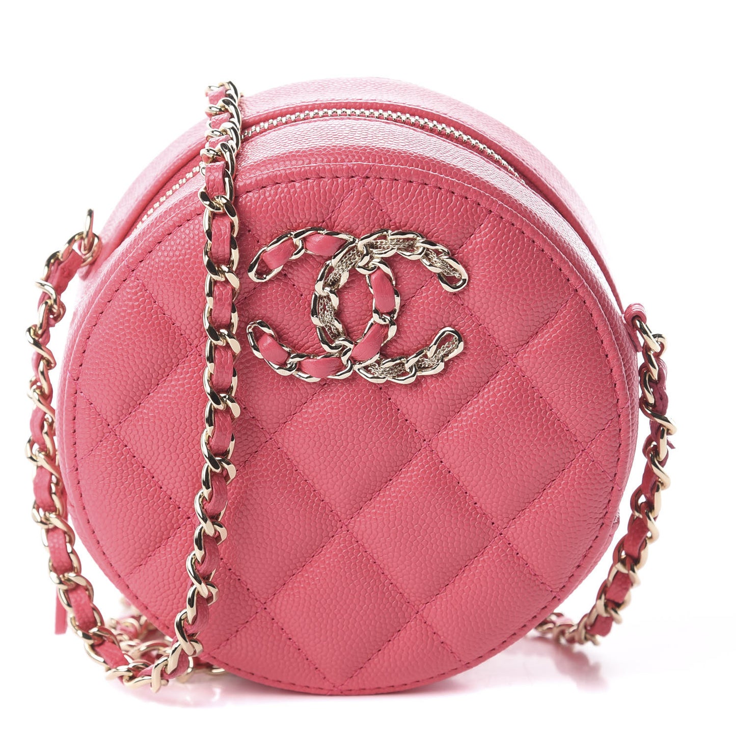 Caviar Quilted French New Wave Round Clutch With Chain Pink
